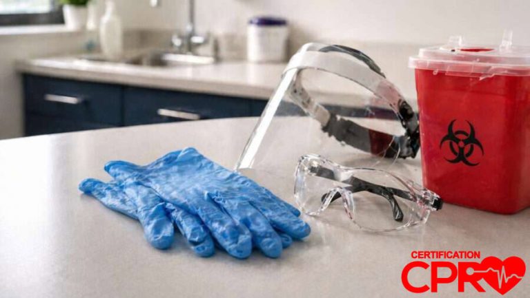 CPR training supplies including gloves, goggles, and biohazard container in Atlanta.